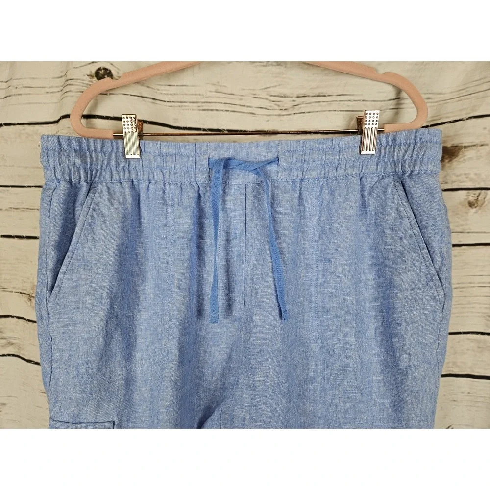 Talbots Blue Chambray Cargo Pull On Pants L Drawstring 100% Linen Cropped